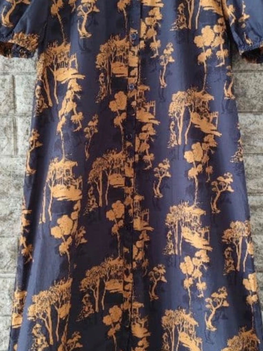 Navy Collared Shirtdress with Orange Print Small Women EUC - Picture 3 of 4